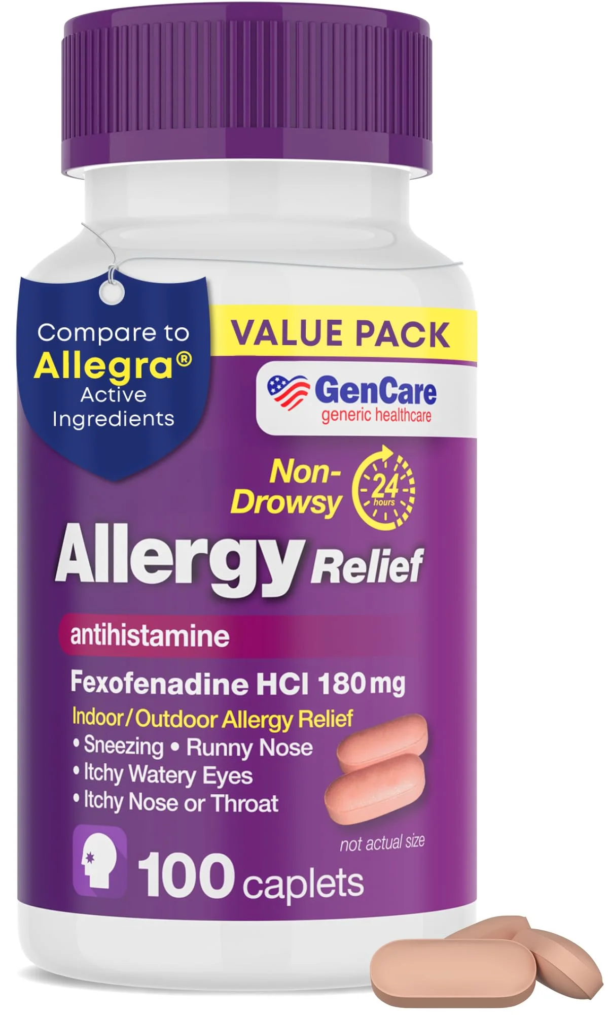 GenCare Fexofenadine Hydrochloride Allergy Relief Tablets 180mg (Non-Drowsy, 100 Count) jogza