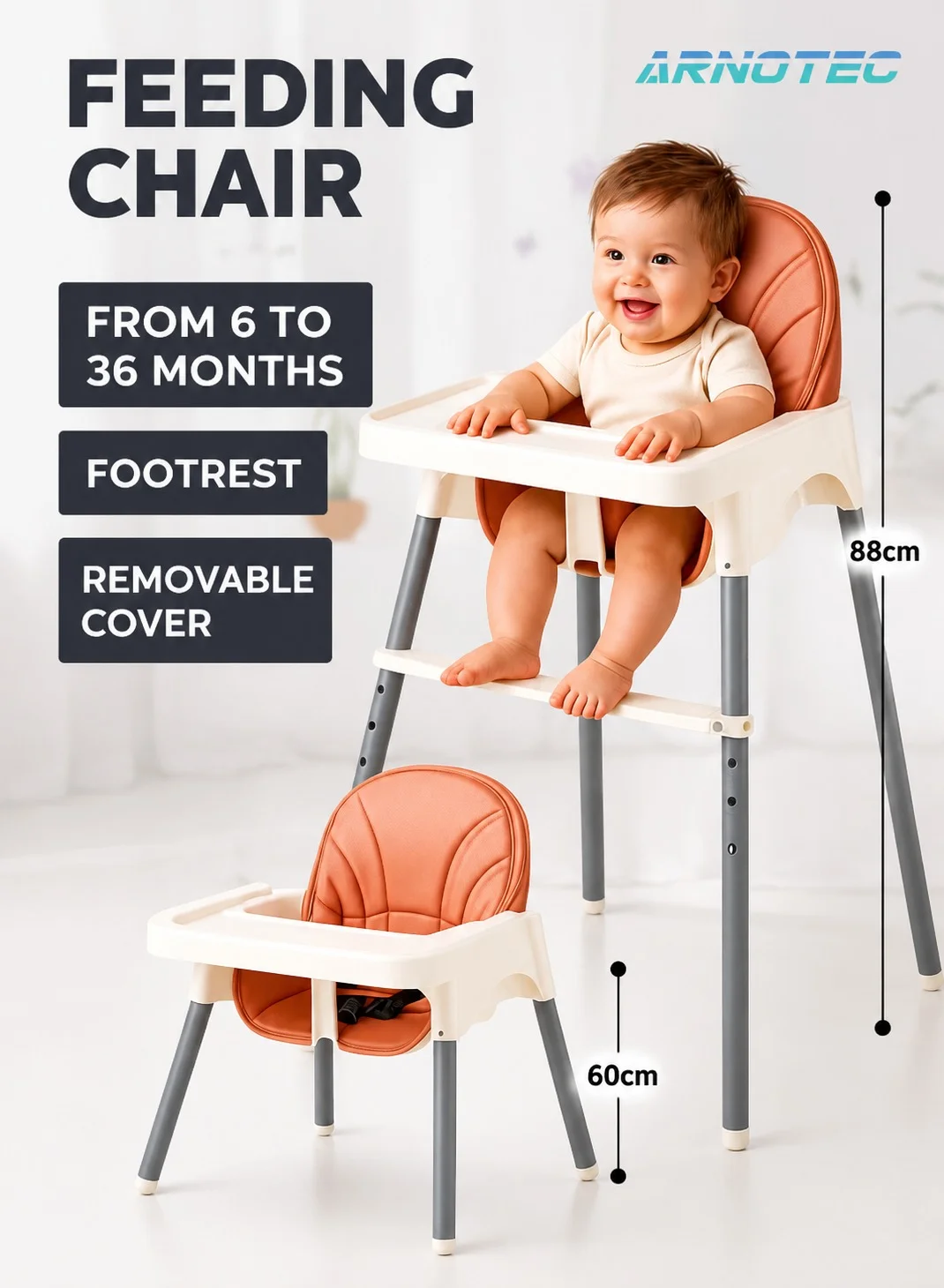 ARNOTEC Adjustable Baby High Chair with Removable Tray and 3-Point Harness (Toddler Feeding Seat, Easy-Clean Design) rz16b