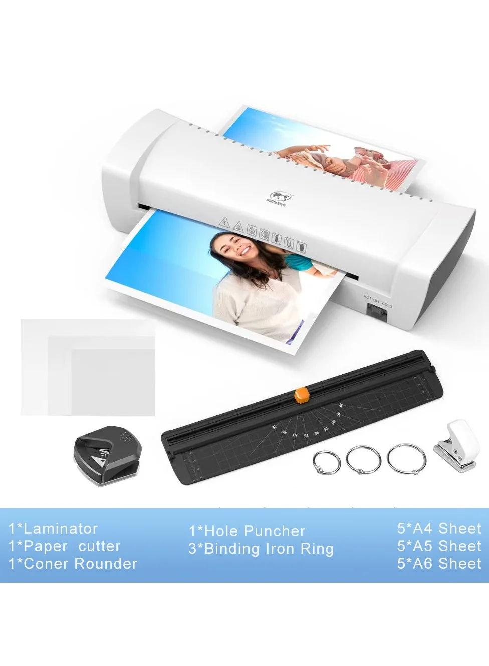 OSMILE Thermal Laminator Machine A4 Hot and Cold Laminating System with Paper Trimmer and Corner Rounder (9-Inch, 15 Laminating Sheets) ghhds