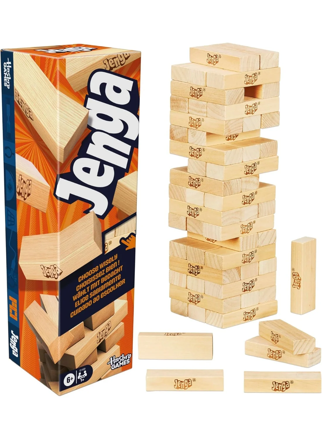 Hasbro Gaming Jenga Classic Stacking Tower Game with Digital Die for Multiple Play Modes (Premium Wood Blocks, 1+ Players) hcb25
