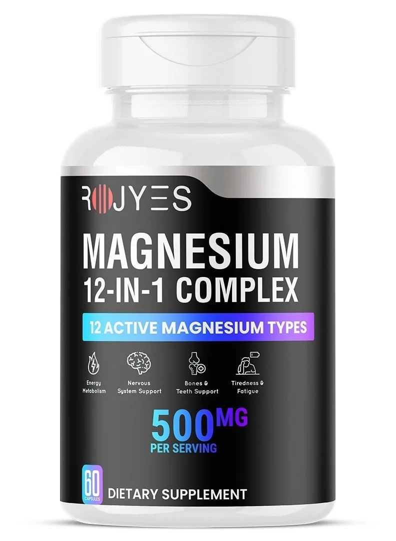 ROJYES Magnesium 12-in-1 Complex Supplement for Muscle Recovery and Nervous System Support (60 Capsules) 370ur
