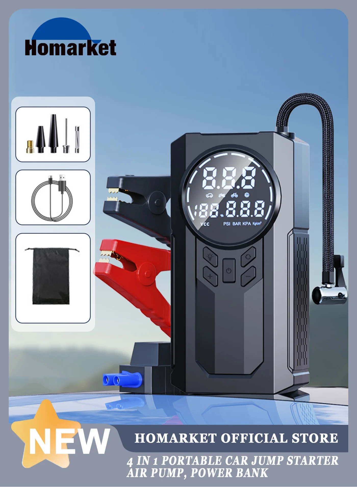 HomarKet Portable Cordless Car Jump Starter and Tire Inflator with LED Display and Power Bank (150 PSI, 12000 mAh) s202h