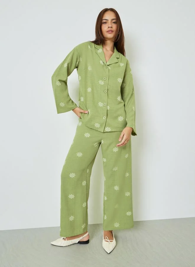 Amirah Green Floral Print Resort Collar Shirt and Pants Modest Set (Women, Medium) h7ga2