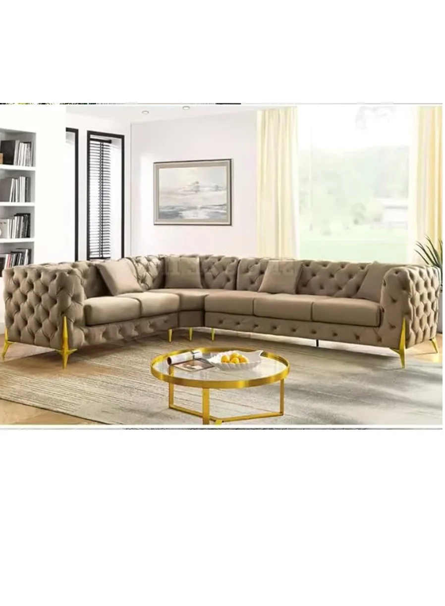 Maharat Al Bahar L-Shaped Chesterfield Sofa - 6-Seater Velvet Sectional with Golden Legs (Mink, 6-Seater) x6kon