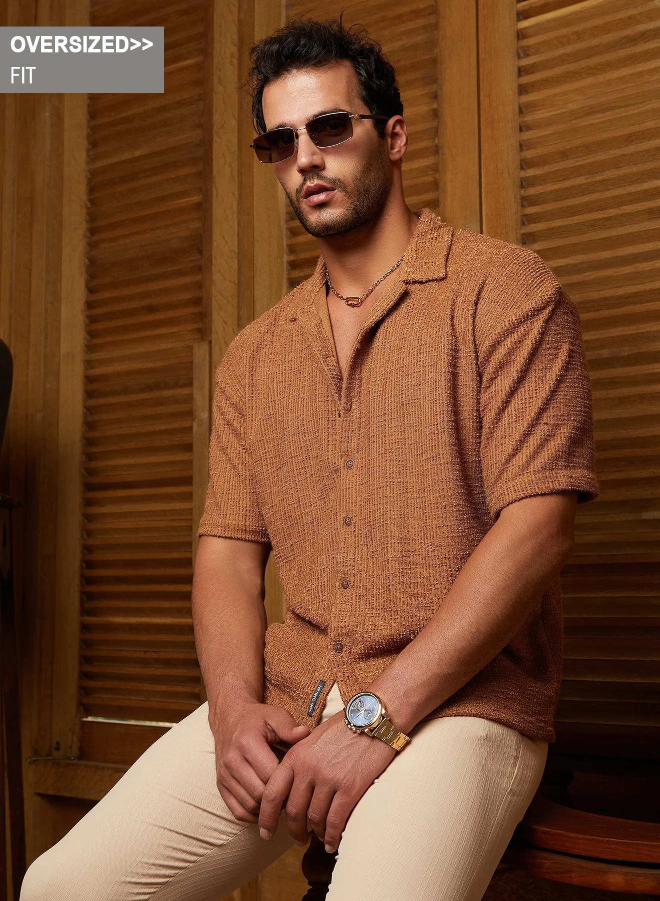 Campus Sutra Men's Oversized Resort Shirt Premium Tactile Fabric (Brown, Large) b3s7j
