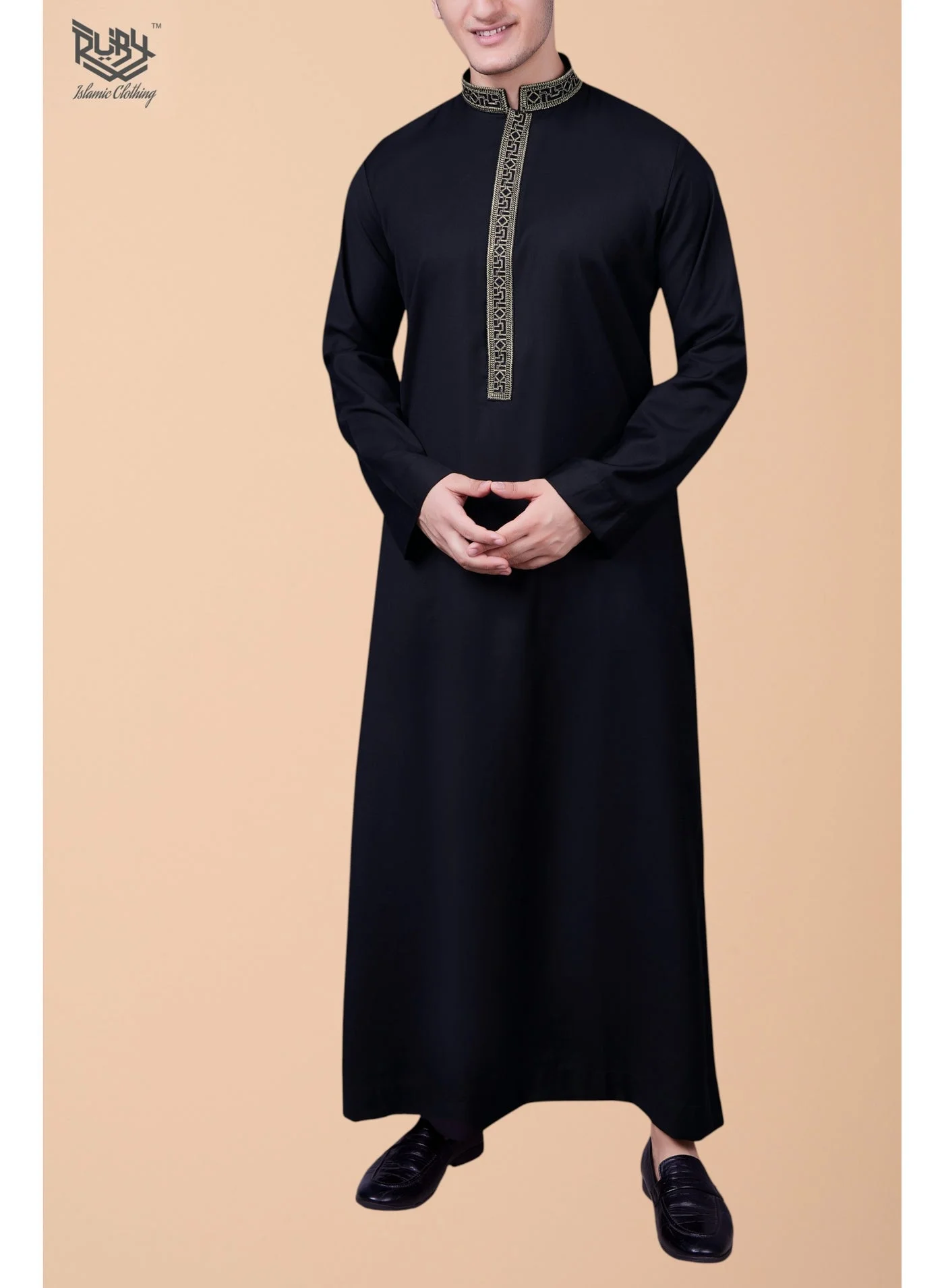 RUBY ISLAMIC CLOTHING Men's Traditional Thobe Jubba Long Sleeve Premium Poly Viscose Robe (Black, Large) zbhj0