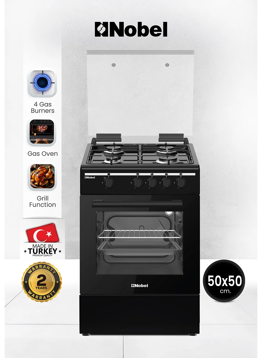 Nobel 50x50cm Gas Cooker with 4 Burners and Gas Oven, Premium Black Enamel Finish, Flame Failure Device, Floor Standing (Black) ioqcc