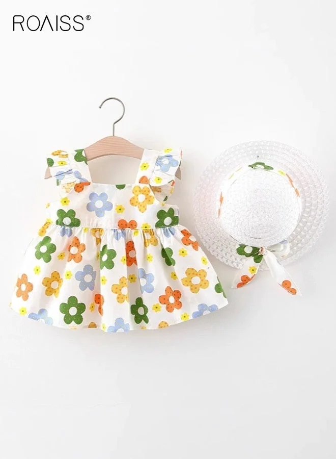 Roaiss Girls Summer Dress Set Ruffle Sleeve Floral A-line Frock with Matching Sunhat (Floral, 120cm) myjkq