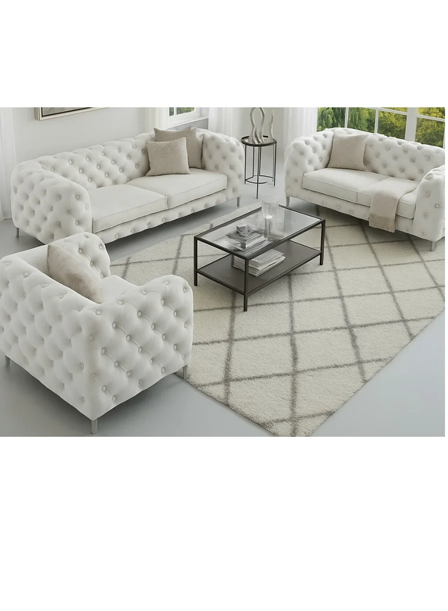 Maharat Al Bahar Luxury Chesterfield Sofa Set 3-Piece Ivory Tufted Velvet Living Room Furniture with Metal Legs msvwg
