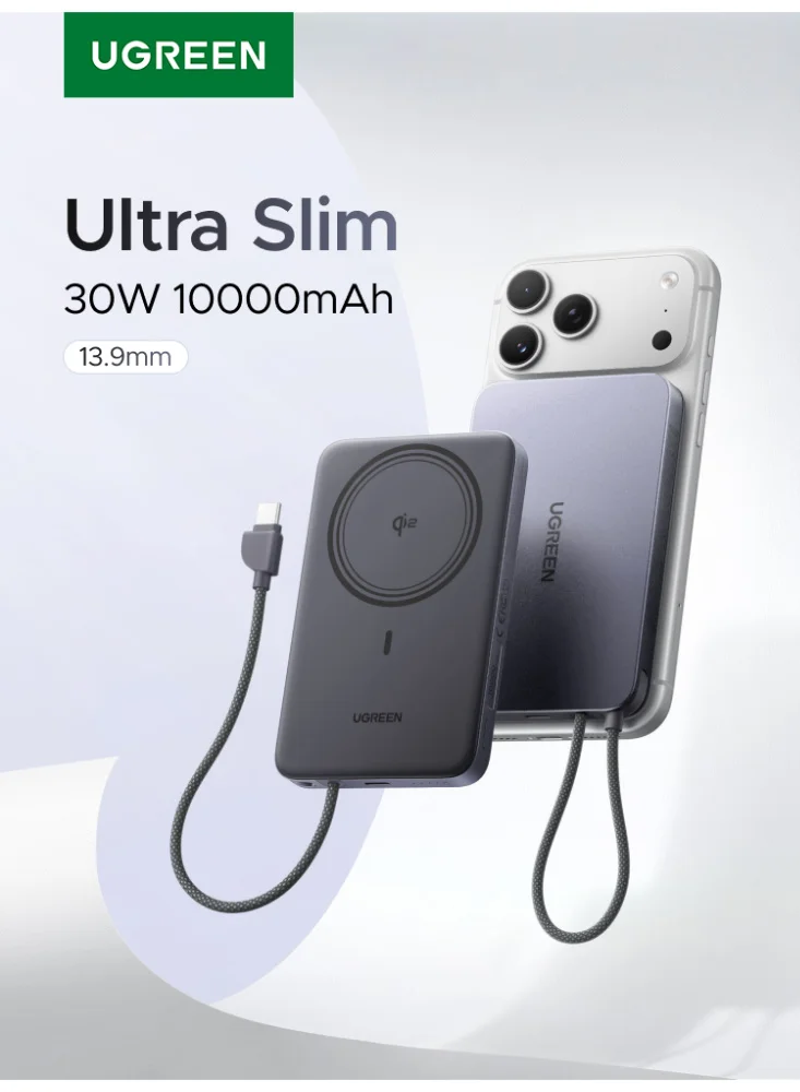 Ugreen 10000mAh Wireless Portable Power Bank, Ultra-Slim Magnetic Fast Charger with Built-in USB-C Cable (Grey, 10000mAh) uo8bj