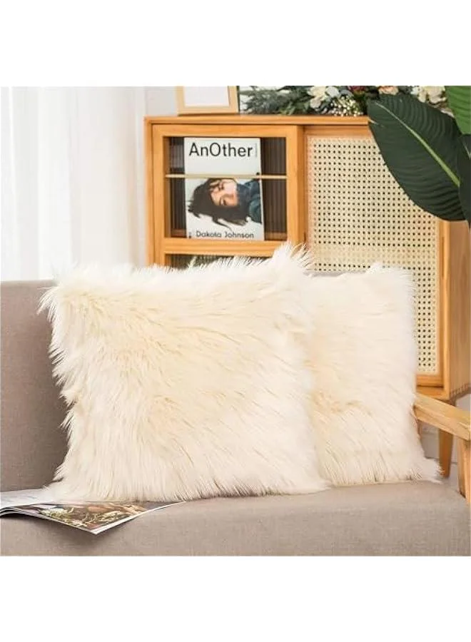 HOOKOR Decorative Faux Fur Throw Pillow Covers Soft Fluffy Square Cushion Cases for Sofa and Bed (White, 45x45 cm, Set of 2) kf8l3