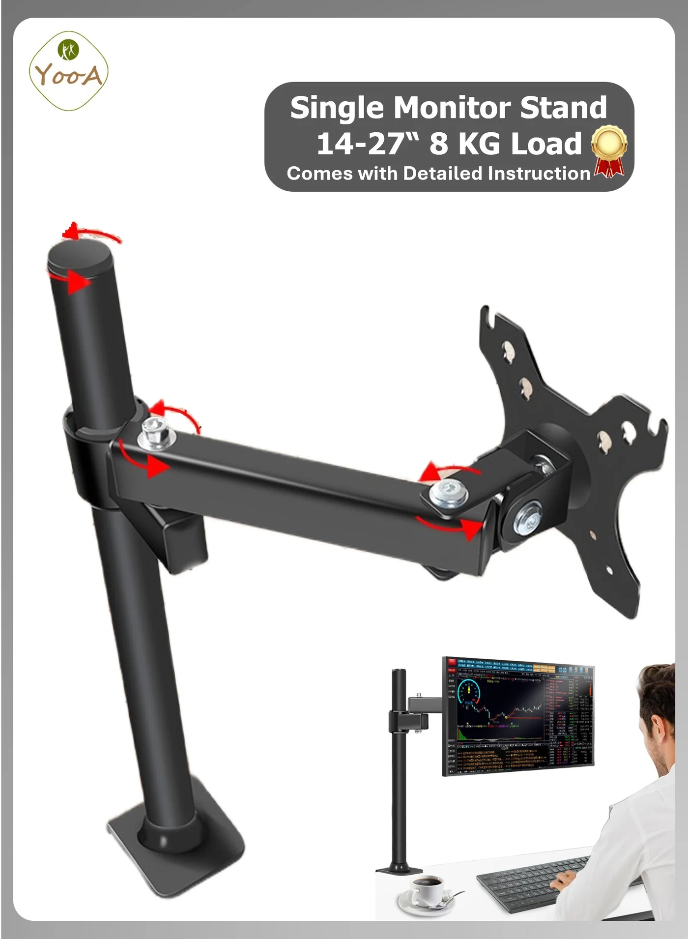 YooA Single Monitor Desk Mount Arm, Fully Adjustable Articulating Stand for 14-27 Inch Screens, VESA Compatible (Supports 2-8kg) qzo25