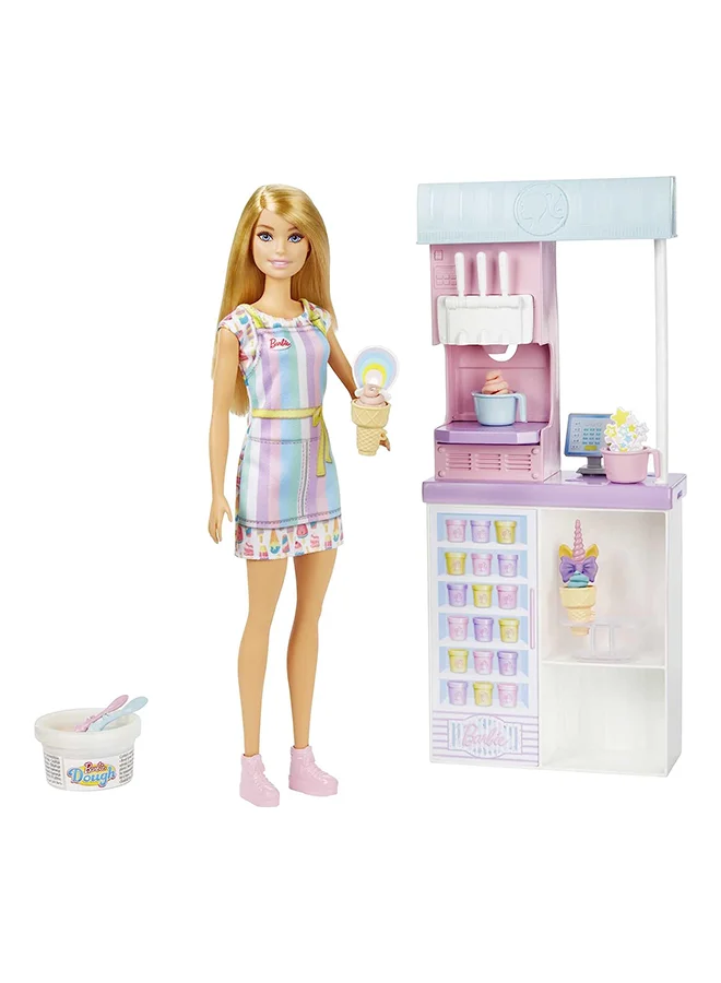 Fashion Doll Ice Cream Shop Playset with 12-inch Blonde Doll and Realistic Kitchen Accessories (1 Set) clano