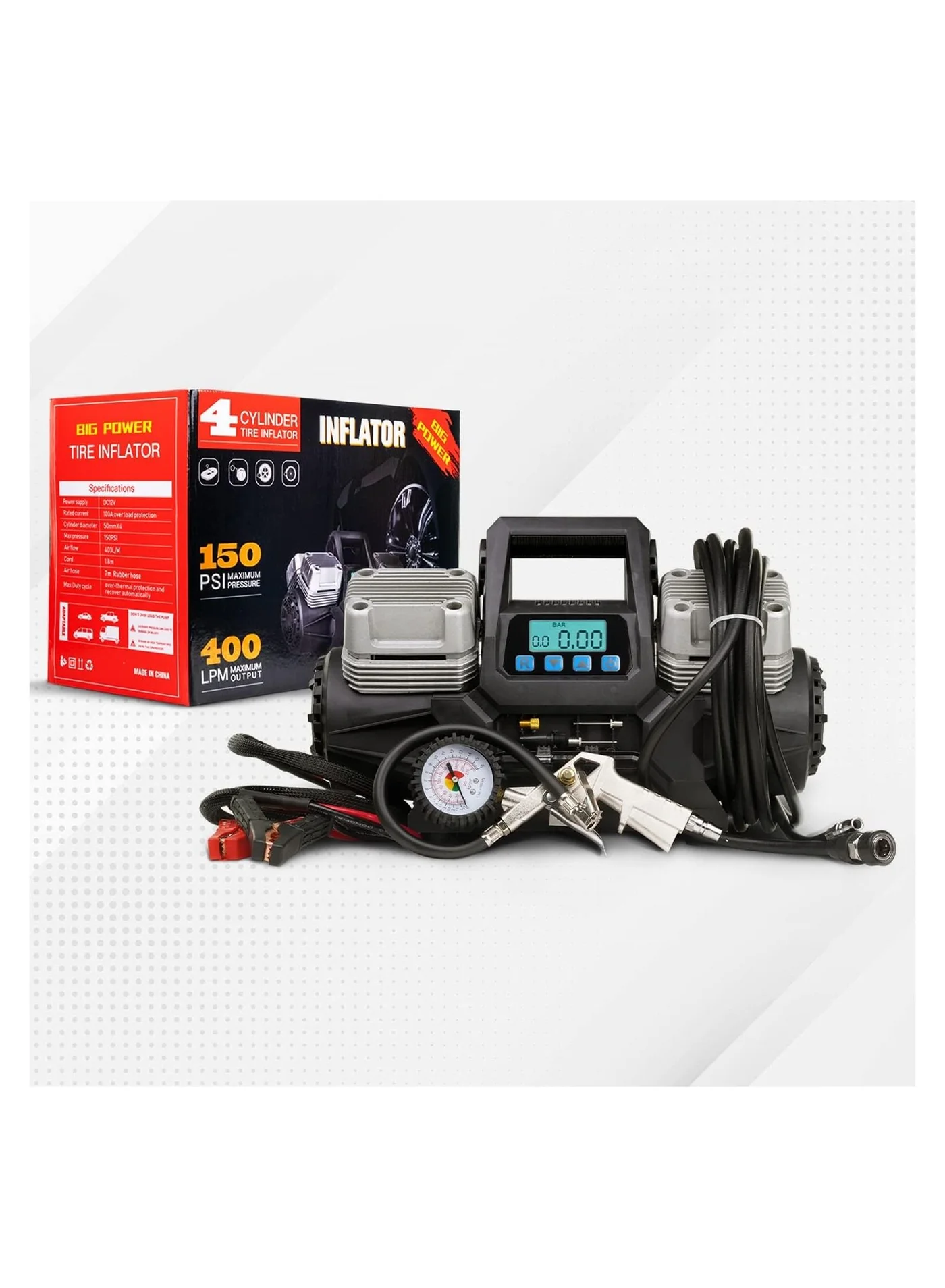 Toby's Four Cylinder Digital Tyre Inflator Air Compressor (12V, Heavy-Duty) for Cars, Motorcycles, and Bicycles funfz