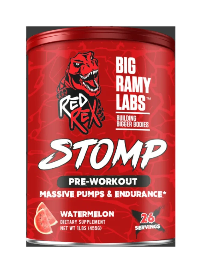RED REX Stomp Pre-Workout Powder, Watermelon Flavor, Energy & Performance Supplement (455g) f373q