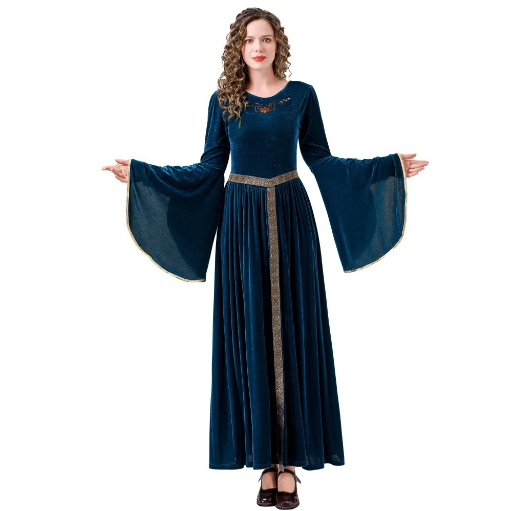 Loquat Renaissance Medieval Dress for Women Vintage Long Trumpet Sleeve Costume (One Size) r51ez