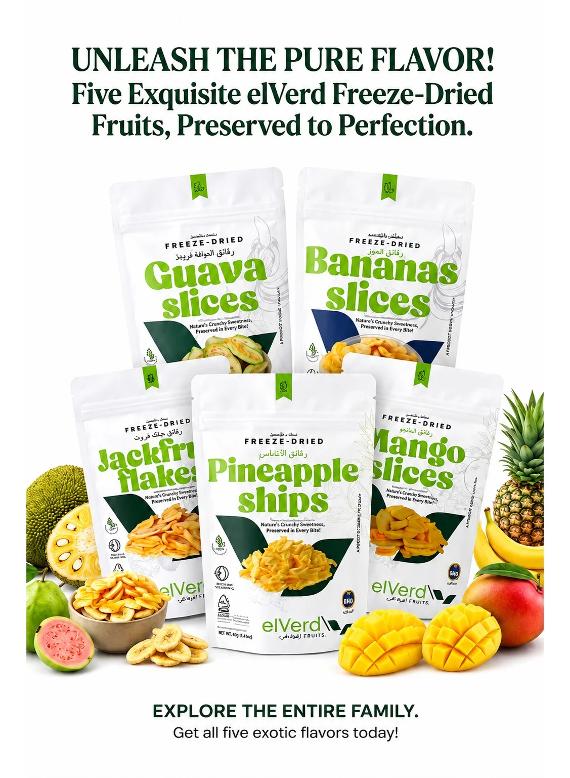 Elverd Premium Freeze-Dried Tropical Fruit Snack Collection (Mango, Pineapple, Banana, Guava, Jackfruit, 250g) ocb7u