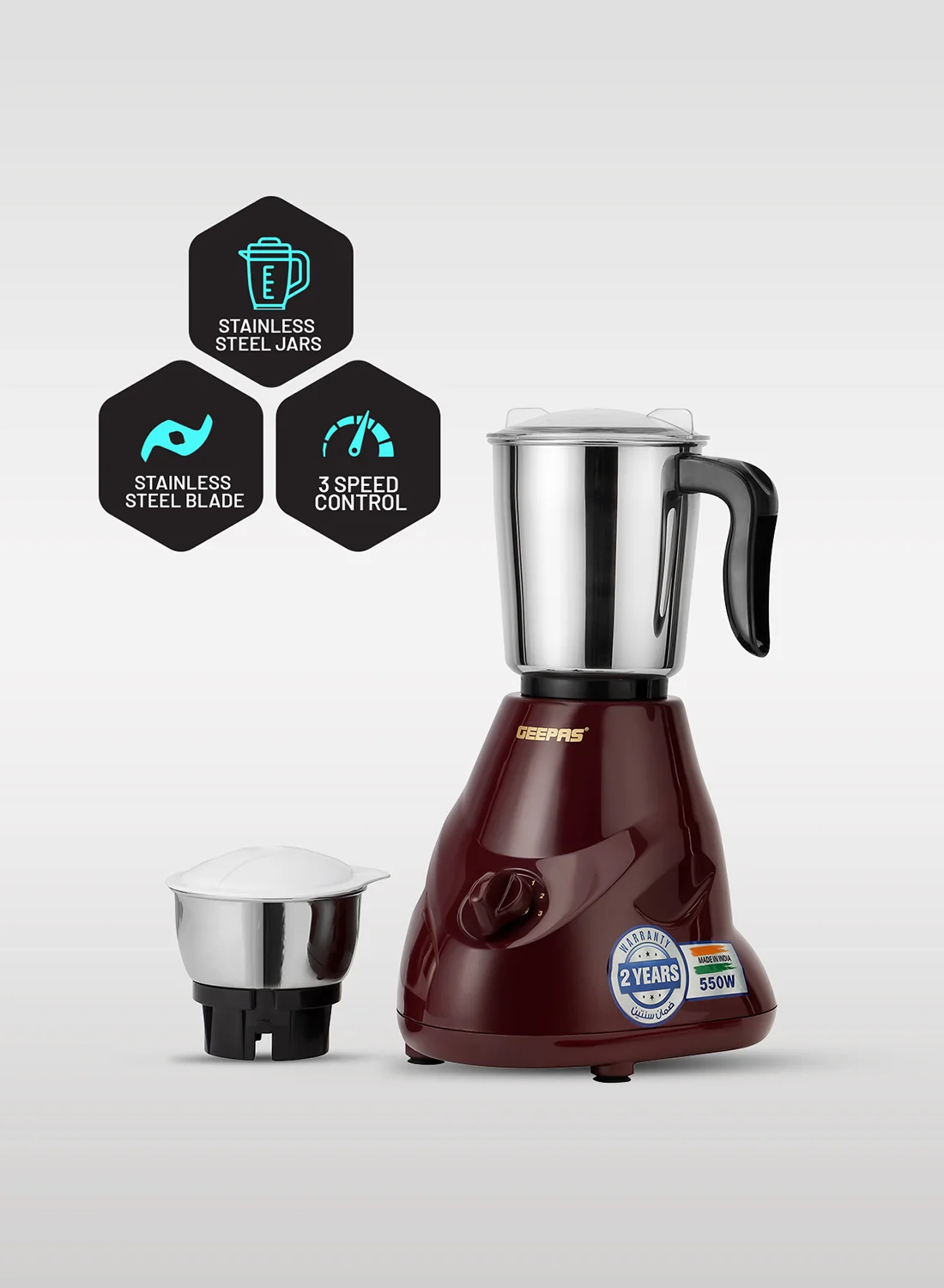 GEEPAS 2-In-1 Mixer Grinder With Stainless Steel Jars And Blades (550 W, Maroon/Black/Silver) ys0eo