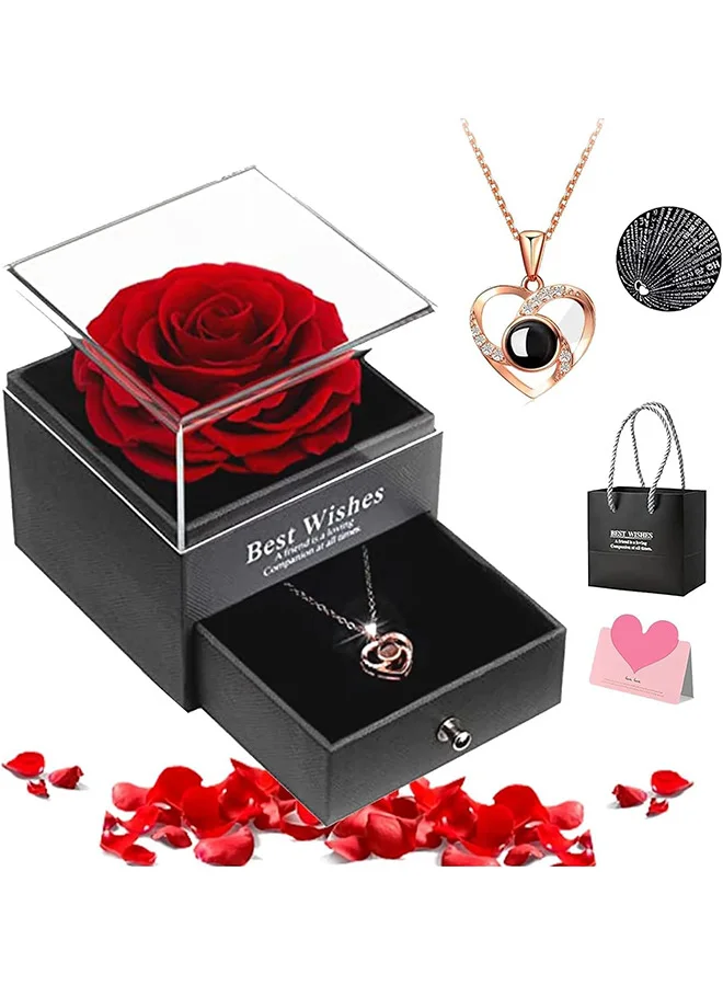 RATSAW Preserved Forever Red Rose Gift Box Set with Elegant Necklace (Premium Gift for Anniversary Wedding Birthday) 2c86n