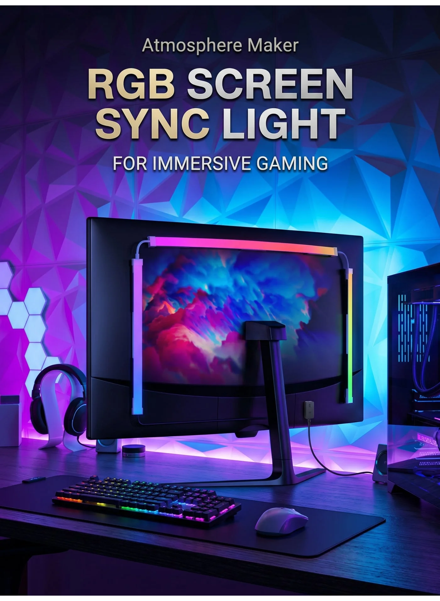 Yakiter RGB Monitor Backlight LED Strip for 27 Inch Screen (Music Reactive, USB Powered, Gaming Setup) o1u8f