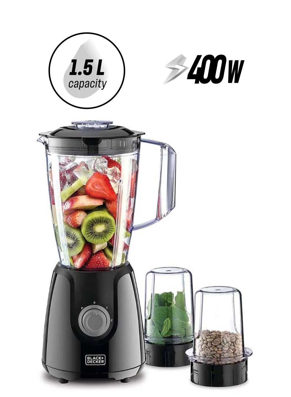 Premium Countertop Blender with Grinder Mills, 1.5L Jar and 2x 300ml Attachments, Stainless Steel Blades, 400W Motor (Black) m6902