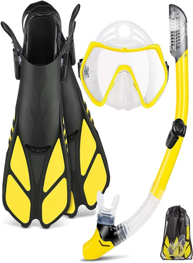 Matiko Snorkeling Gear Set for Adults Premium Scuba Mask with Foldable Snorkel and Adjustable Swimming Fins (Yellow Green) ynj35