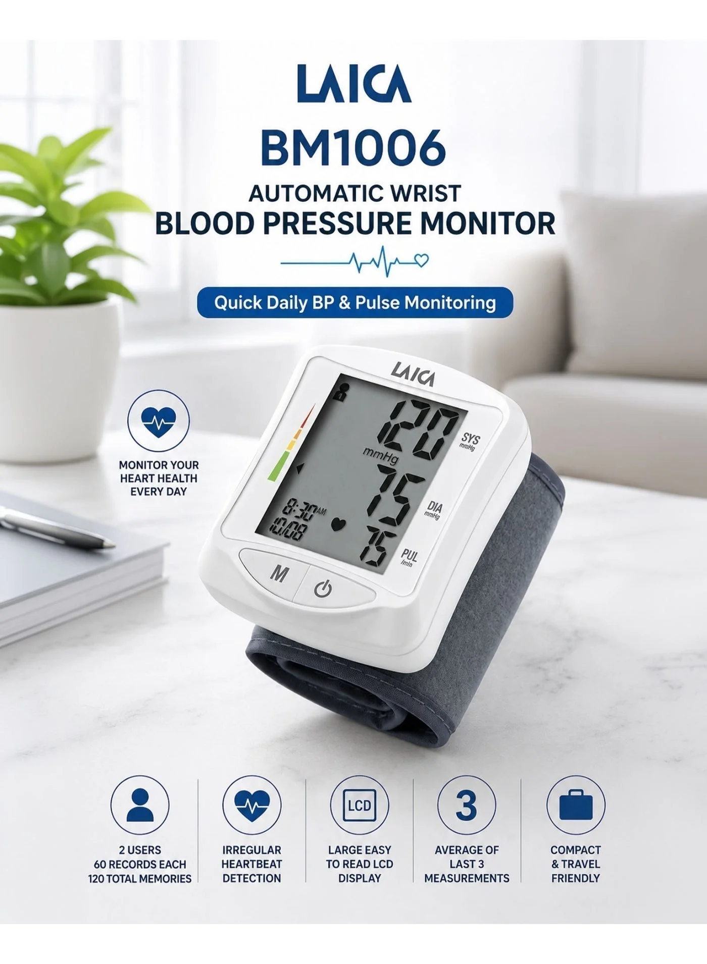 Automatic Wrist Blood Pressure Monitor Digital BP Machine with Large LCD Display and Heart Rate Pulse Detection (Portable Home Healthcare Device) ejffg
