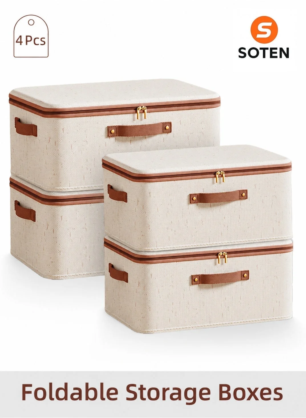 SOTEN Foldable Fabric Storage Organizer with Lids and Handles (4 Pcs Set, Large Capacity) for Wardrobe and Closet Organization kf2s0