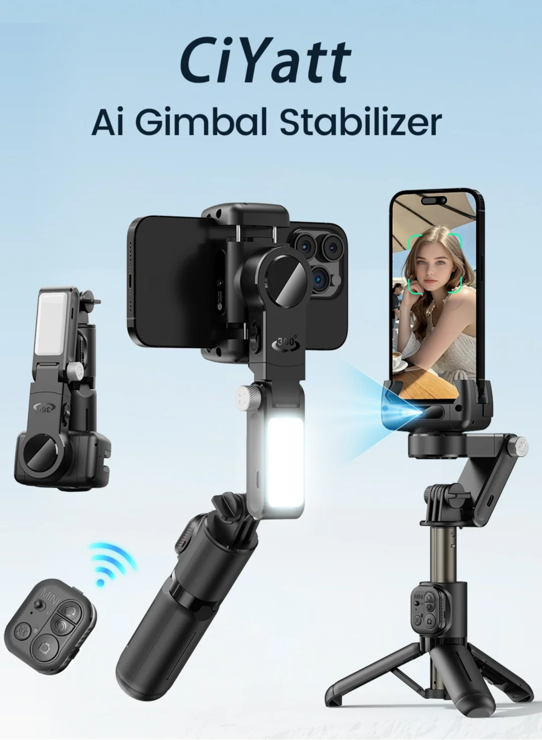 CiYatt AI Phone Stabilizer Gimbal with 360¡ã Rotation and Face Tracking, Portable Tripod Stand with Fill Light (65 cm) 7eu7r