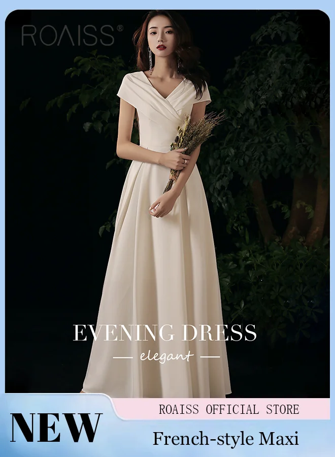 Roaiss French Evening Gown for Women Elegant V Neck Slim Fit Banquet Dress (Solid Color, Floor-Length) 52e1x