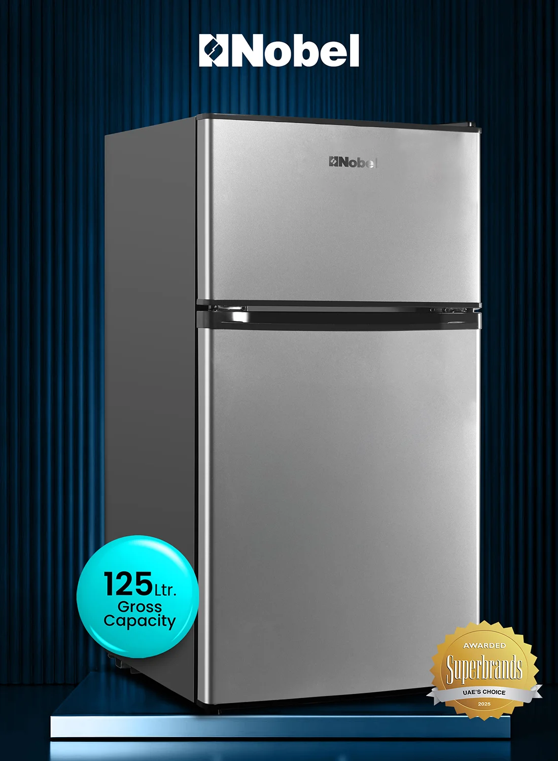 Nobel Double Door Compact Refrigerator with Vegetable Crisper and LED Lighting (Silver, 125L) bqh1o