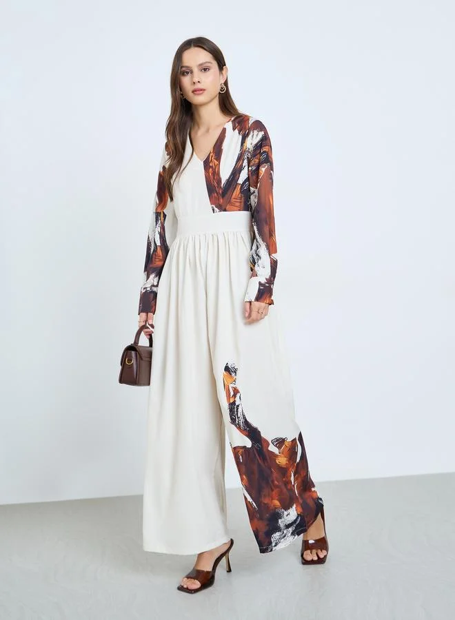 Take Two Wide Leg Printed Jumpsuit Premium Casual Summer Romper (White, One Size) o9g5t