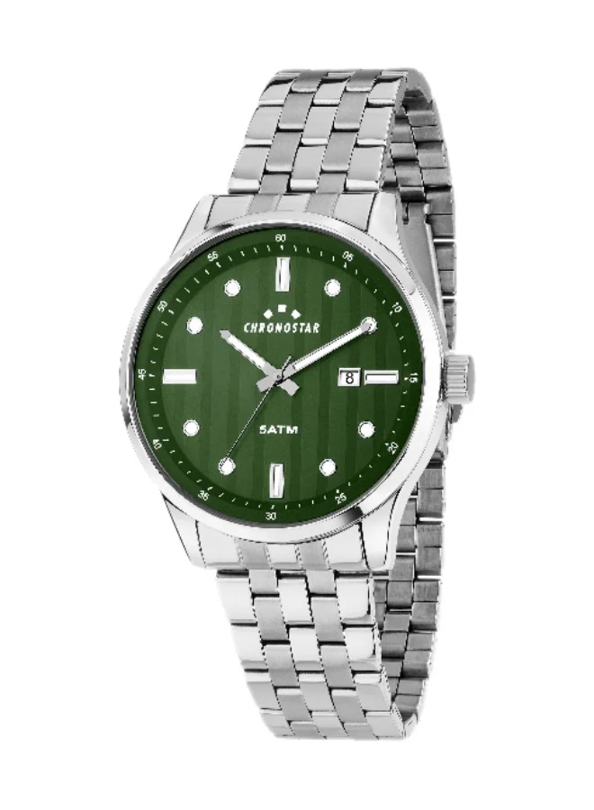 Chronostar Men's Analog Quartz Watch with Green Dial and Silver Stainless Steel Band (43.5mm) mak5s