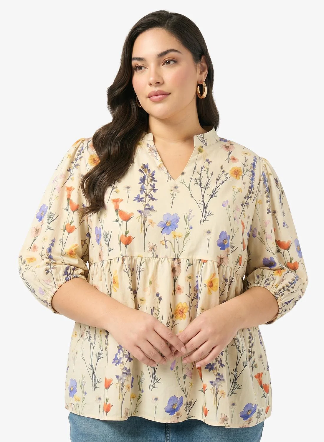 Ginger Plus Floral Gather Detail Top Premium Lightweight Blouse for Women 3d1qu