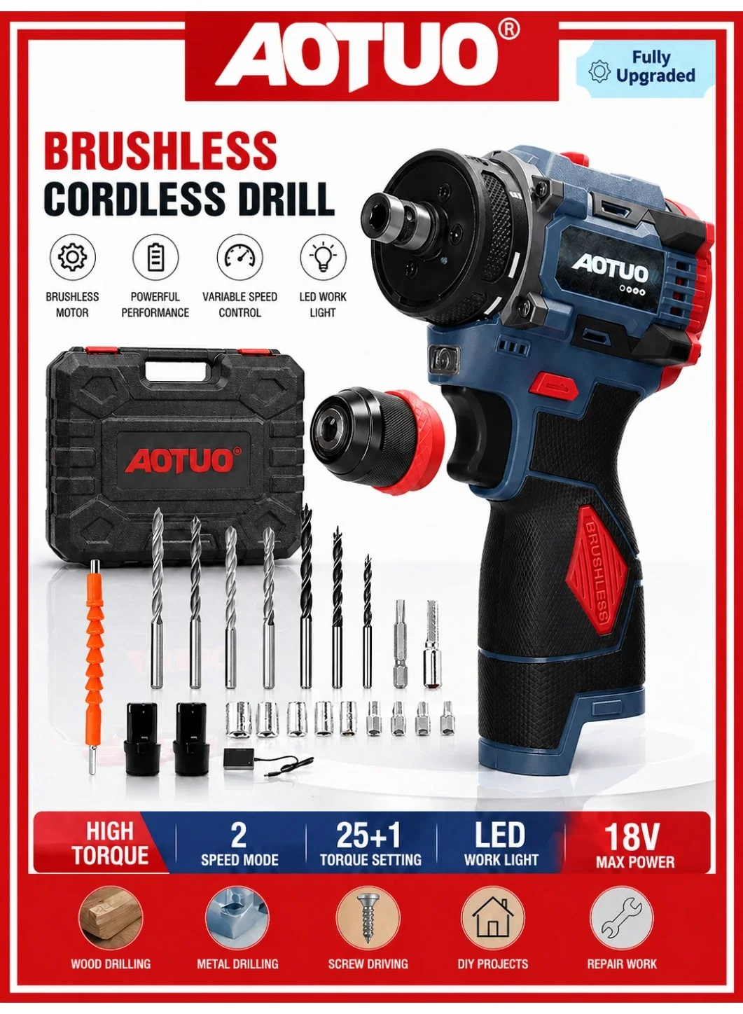 AOTUO 18V 2-in-1 Cordless Electric Drill and Screwdriver Set Brushless Motor Power Tool for Home Furniture and Automotive Repair (18V) r803j