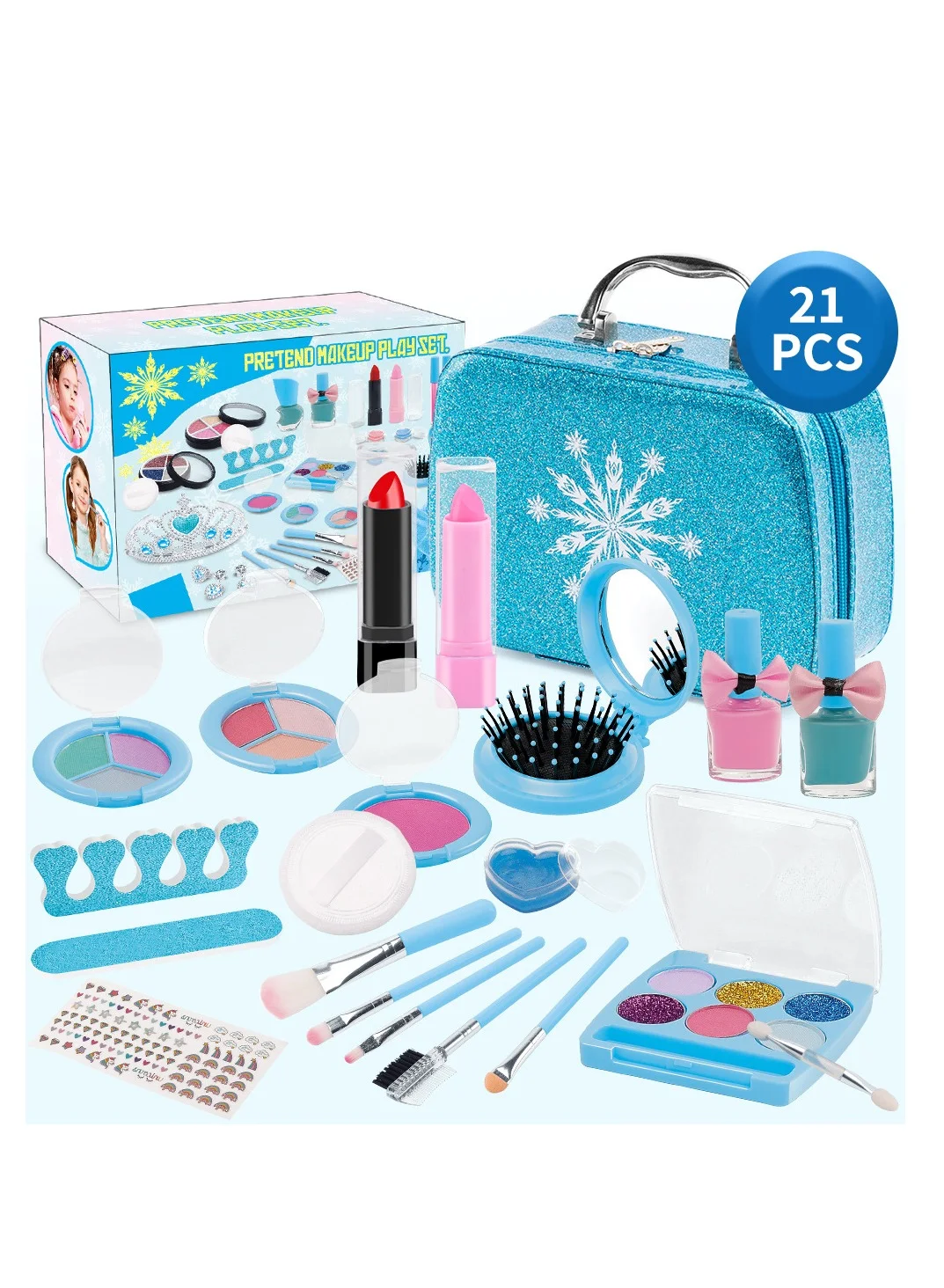 MIXDE Kids Makeup Kit with Jewelry Box and Princess Crown (21pcs, Washable Play Set for Girls) mwiqc