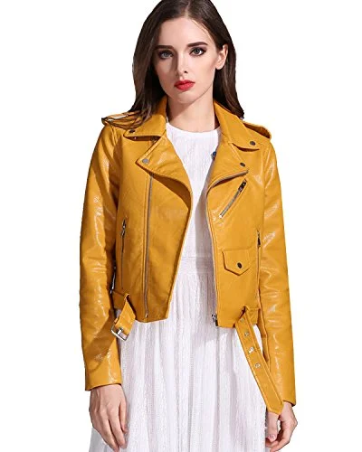 Premium Faux Leather Motorcycle Jacket for Women Slim Fit Biker Coat (Yellow, M) z3tc7