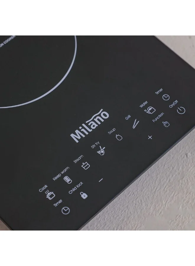 Milano 2000W Induction Cooker with Polished Crystal Plate, Sensor Touch Control, 7 Cooking Modes, Energy-Efficient (Black, 35x28x7 cm) we2dy