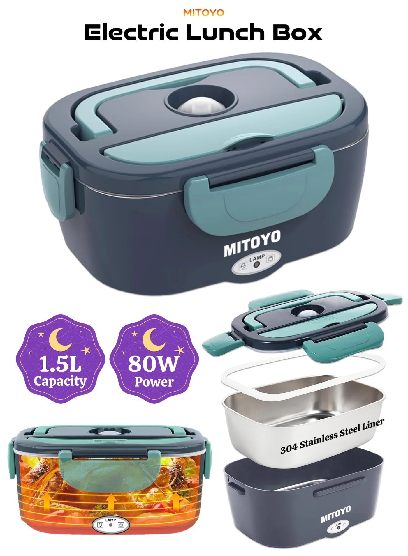 MITOYO 80W Electric Lunch Box Portable Food Warmer with 304 Stainless Steel Liner (1.5L, Grey) bvjfe