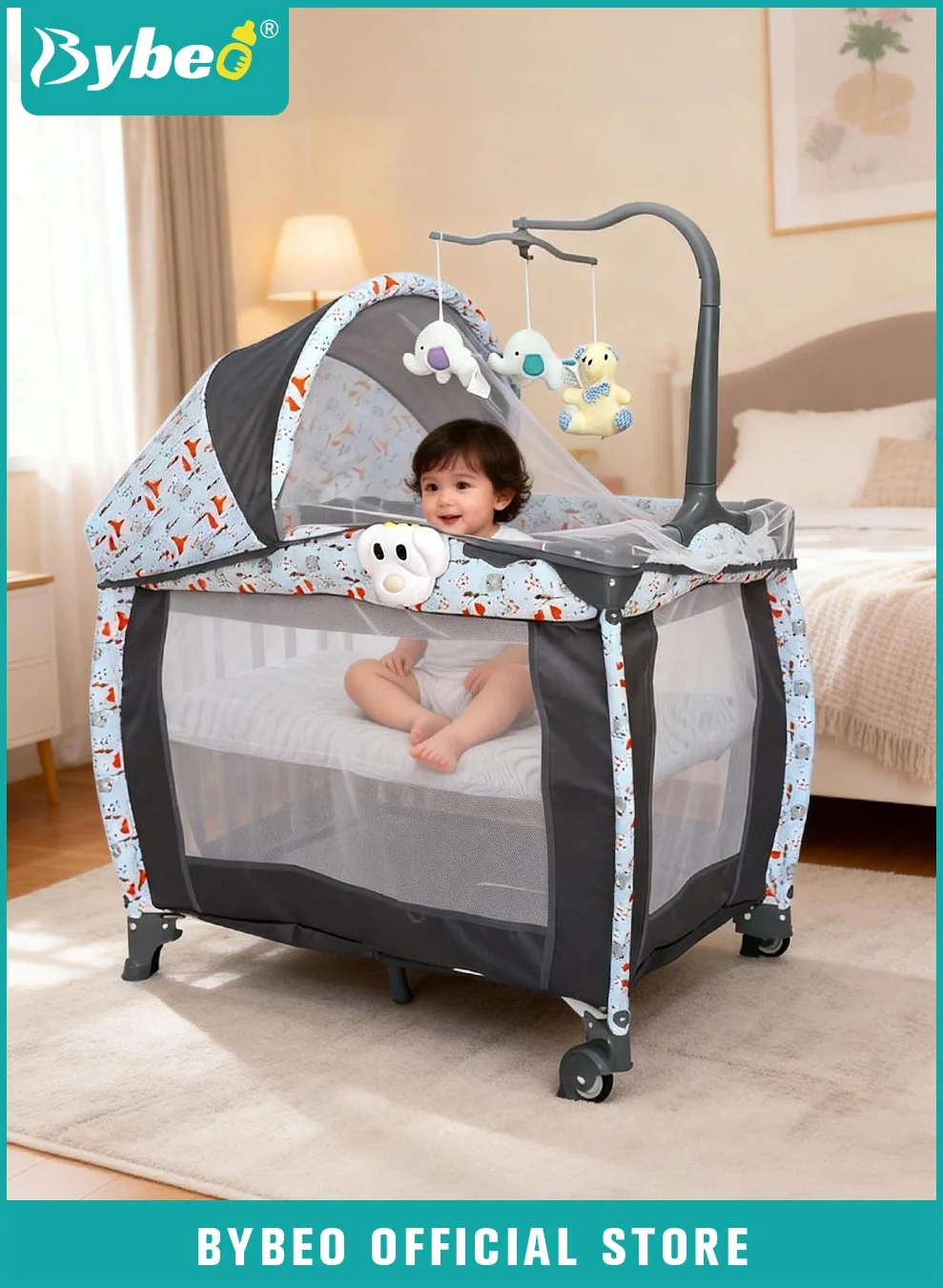Bybeo 4-in-1 Portable Baby Crib and Nursery Center with Changing Table and Mosquito Net (Grey, 120 cm x 60 cm) lvvva
