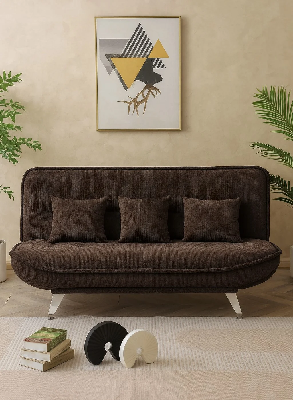Harmony Home Premium Fabric Sofa Bed, Modern 3-Seater Convertible Sleeper Couch with Metal Legs (Ash Brown, 180 cm) 5wern