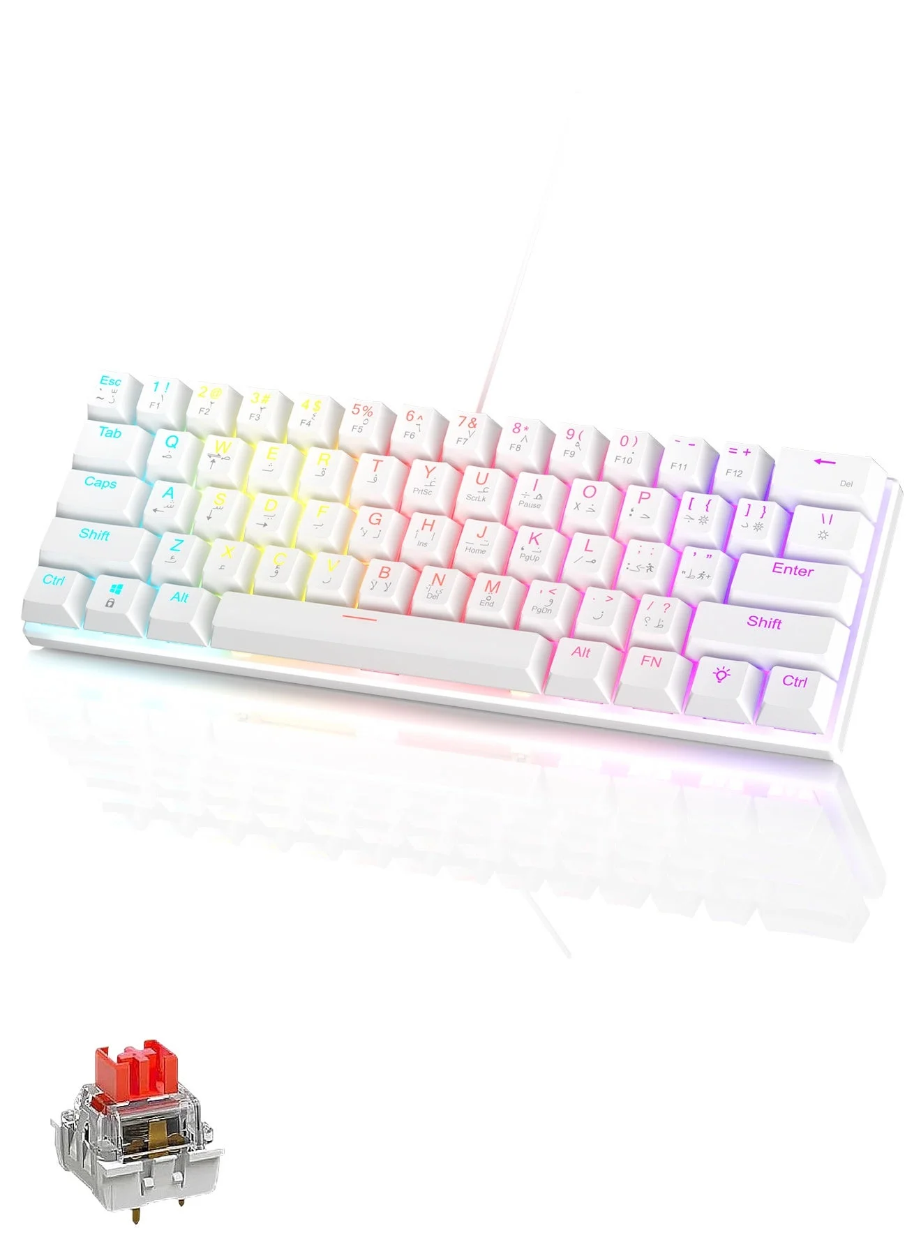 UCHUANG 61-Key Mechanical Gaming Keyboard English Arabic Layout Red Switch Wired Compact Keyboard for PC and Mac (White, 61 Keys) gqt2q