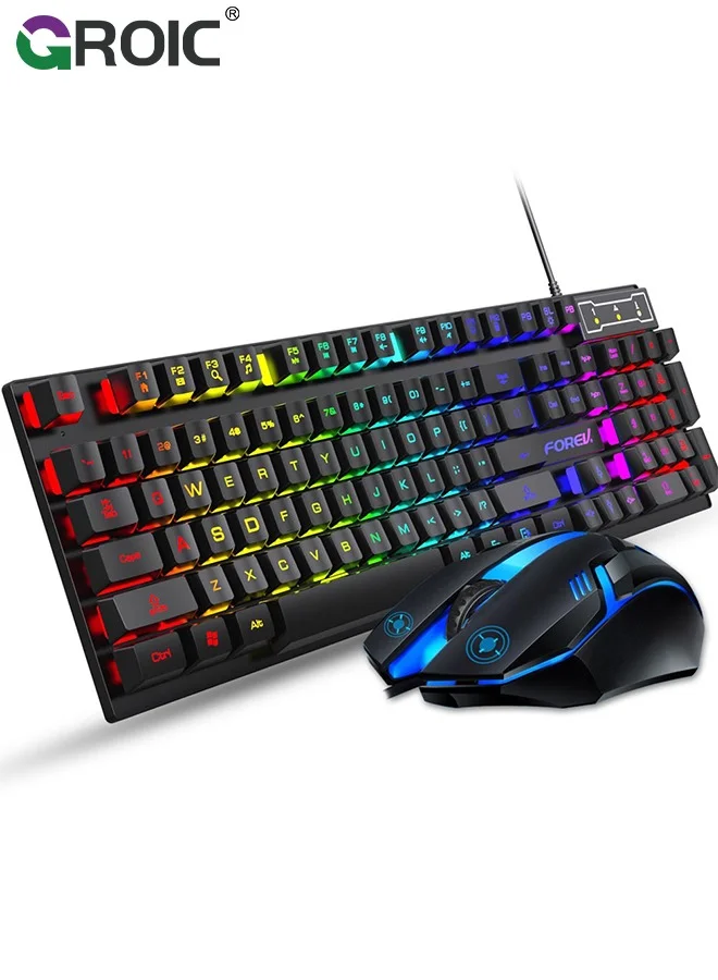 GROIC Gaming Keyboard and Mouse Set Rainbow LED Backlit Wired Multimedia PC Office Peripheral (Black, Standard Size) kzo79