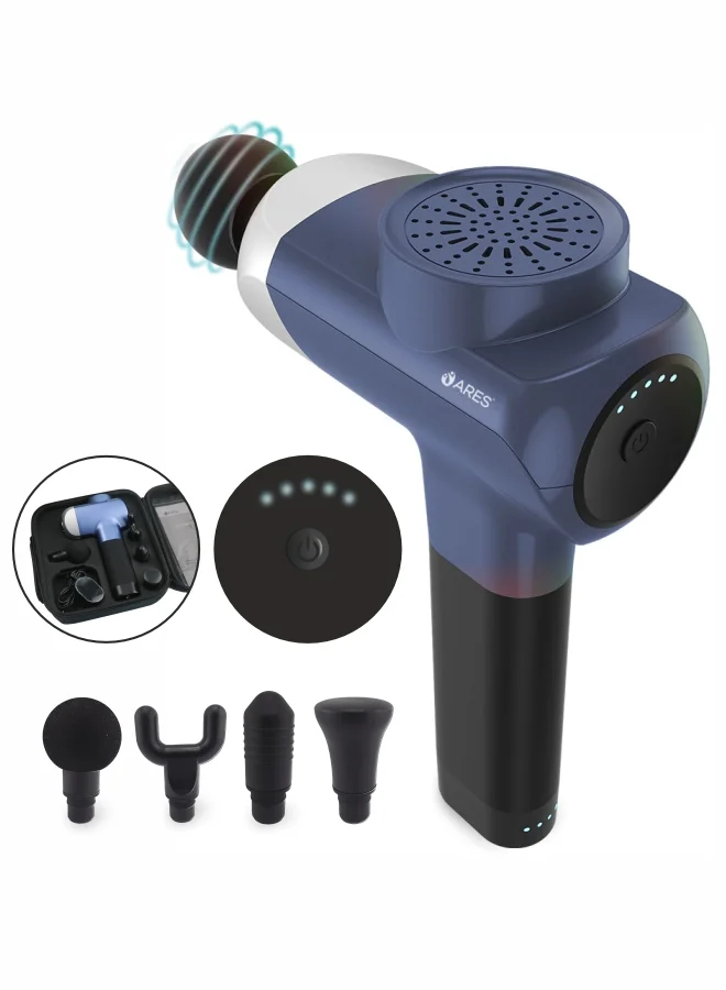 ARES Percussion Muscle Massager 5-Speed Deep Tissue Recovery Tool with 4 Interchangeable Heads and Storage Bag (Blue, 2500mAh) ojjko