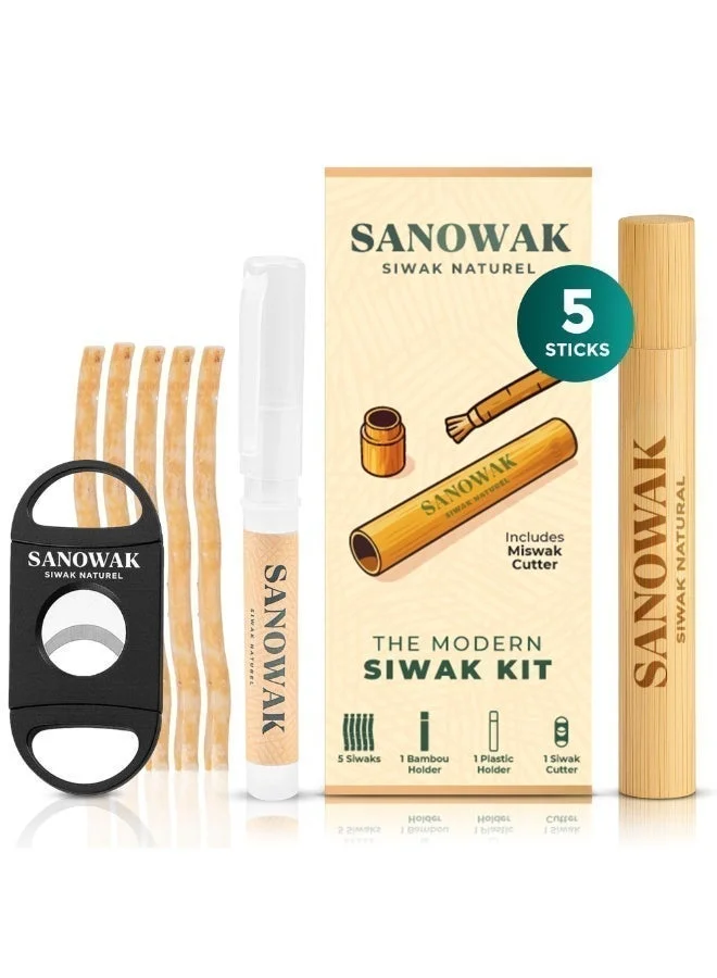 Sanowak Natural Miswak Oral Care Kit with 5 Organic Siwak Sticks, Wooden and Plastic Holders, and Cutter (8 Piece Set) qljsc
