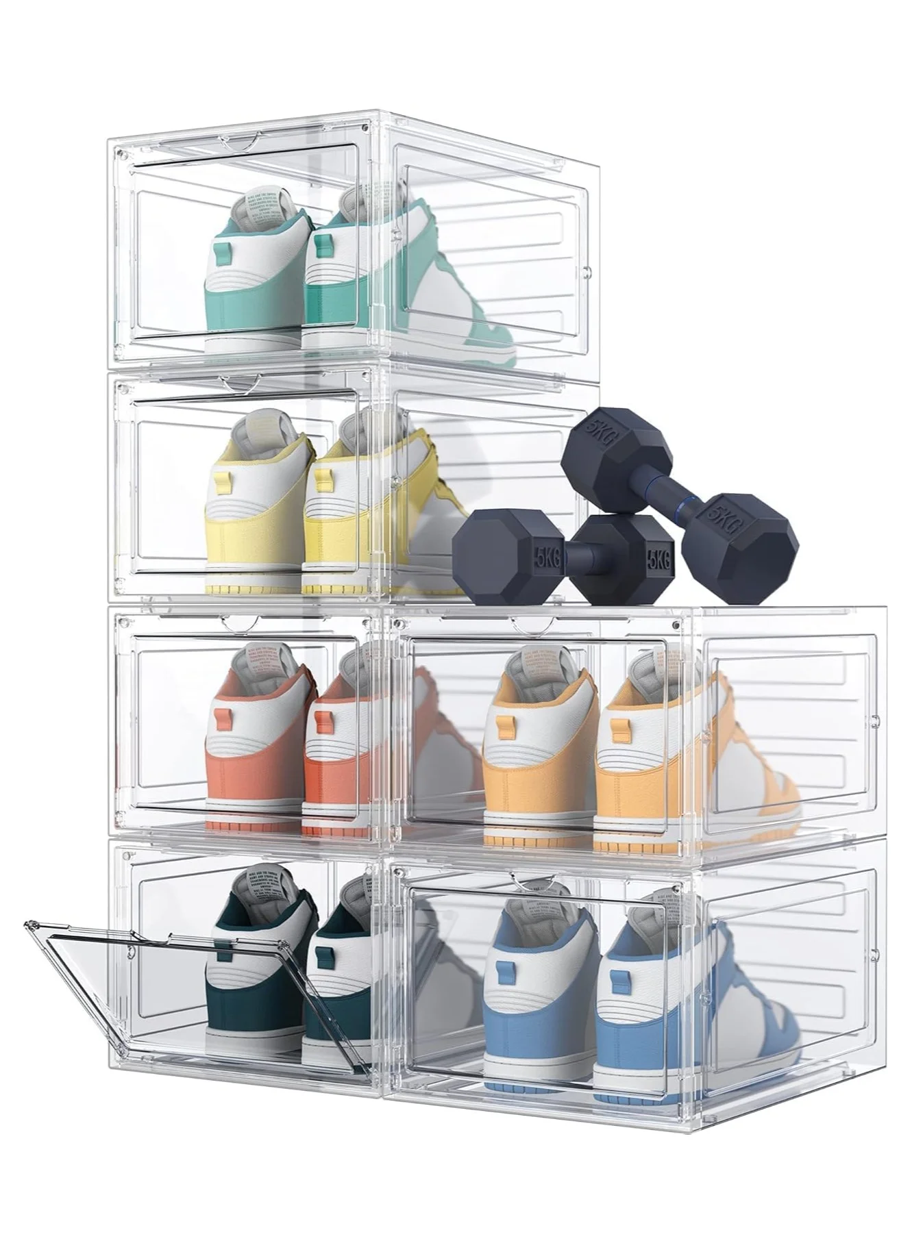 XVersion Stackable Shoe Storage Boxes, Clear Plastic Front Open Organizer Containers for Home Closet (White, 34.5 x 27 x 18.5 cm, 6 Pack) rvpic