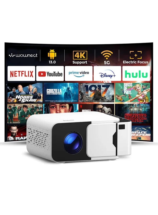 Wownect T5 Mini Smart Projector with WiFi and Bluetooth (Android 13.0, Electric Focus, 1080P Supported, White) zmjwy