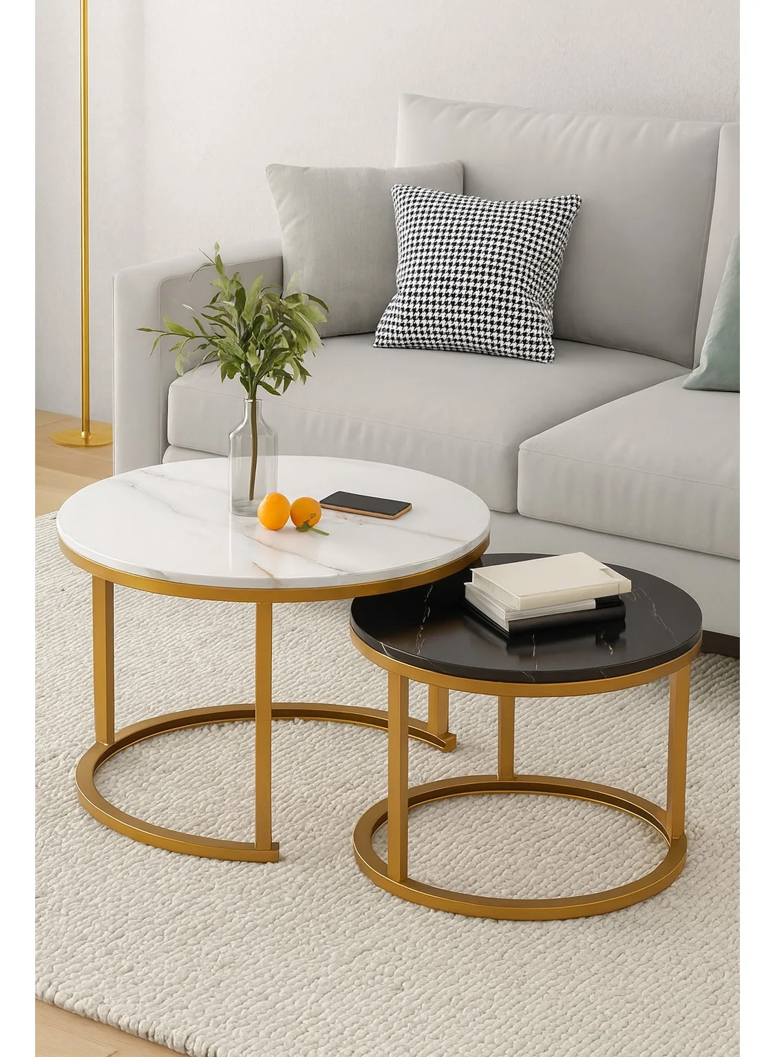 Harmony Home Modern Round Nesting Coffee Table Faux Marble Top with Metal Frame (White, 80cm) gw4oa