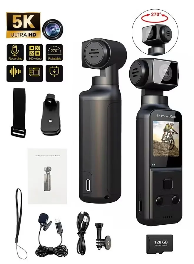 ZONBON 5K HD Sports Action Camera with 270 Degree Rotation, Portable Digital Vlog Cam with Mic Clip and 128GB Memory Card (1000mAh, Black) dgbbh