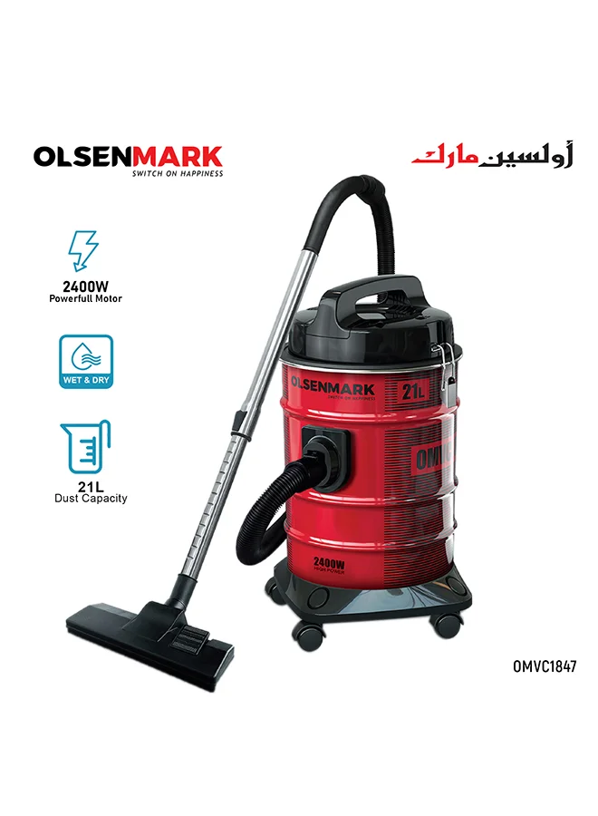 Olsenmark High-Power Vacuum Cleaner with Blower Function, Anti-Rust Metallic Body, 2400W Motor (Red, 21 L) 5r55x